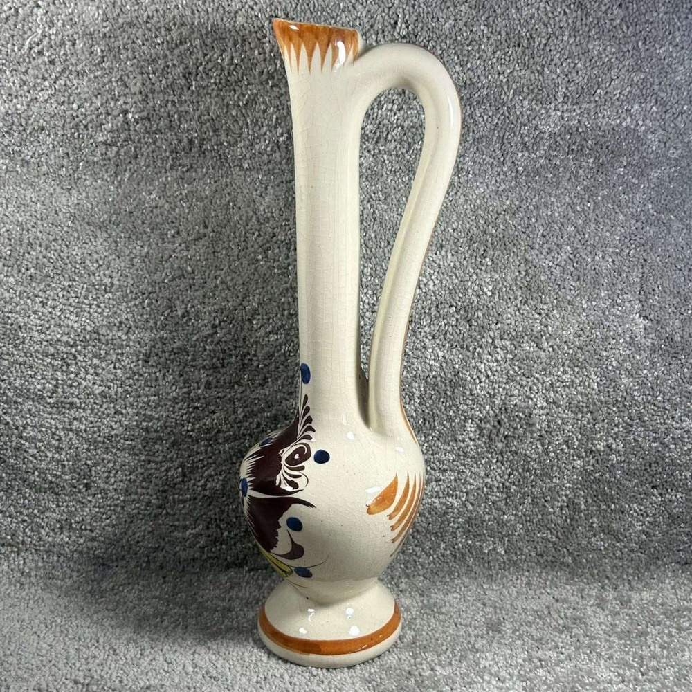 Tonala Bud Vase Pitcher Handpainted Bird Floral Mexican Folk Art Pottery 13.5in